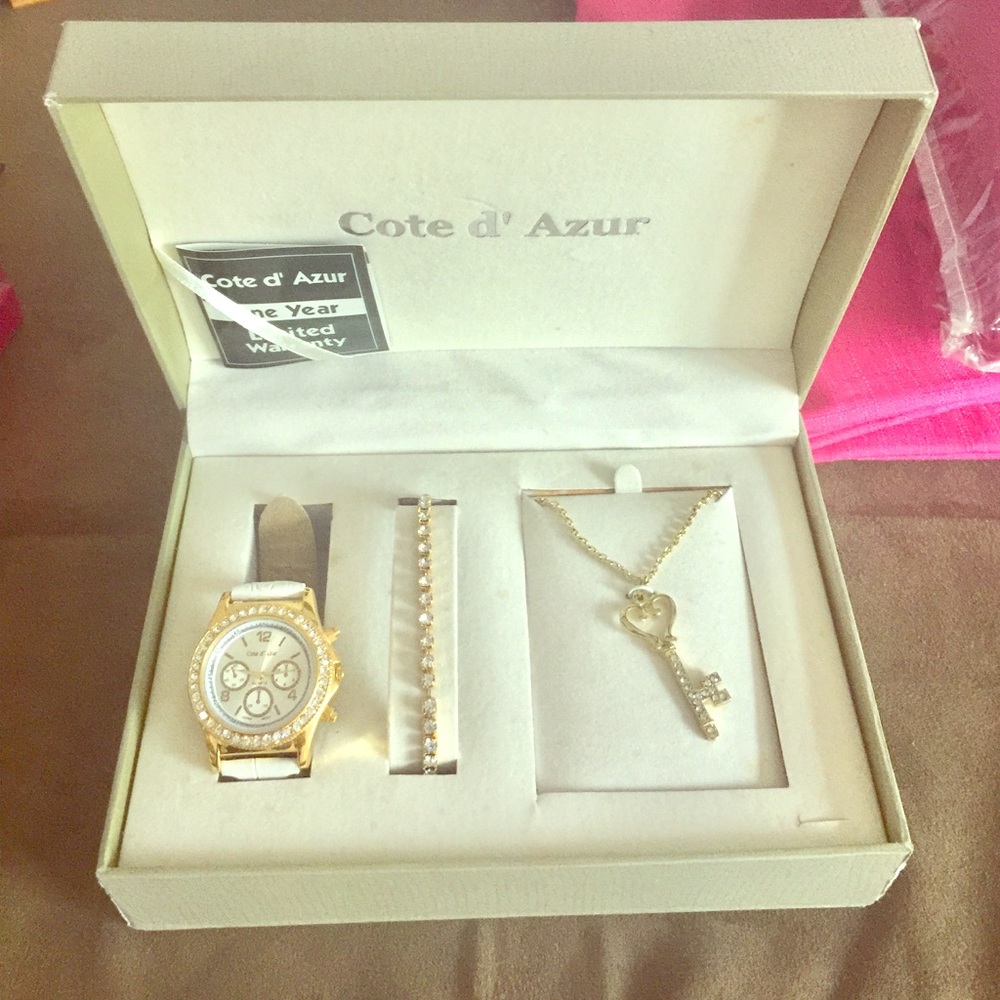 White and Gold Cote d’Azur Watch & Jewlery Box Set